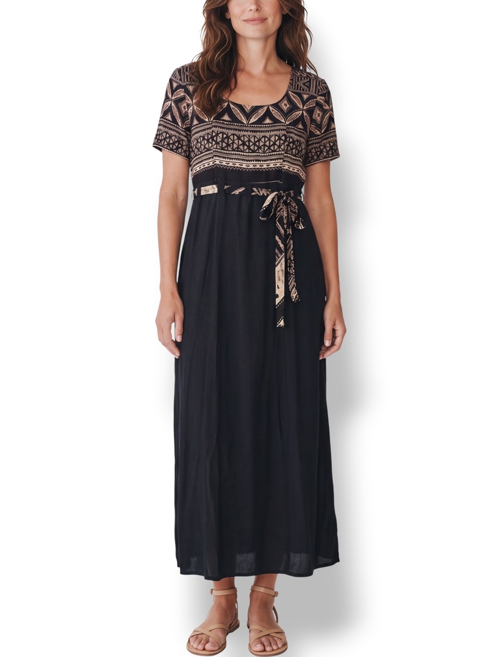 4/$20 Betsy’s Things Black Brown Geometric Rayon Maxi Dress Size 10 Made USA
